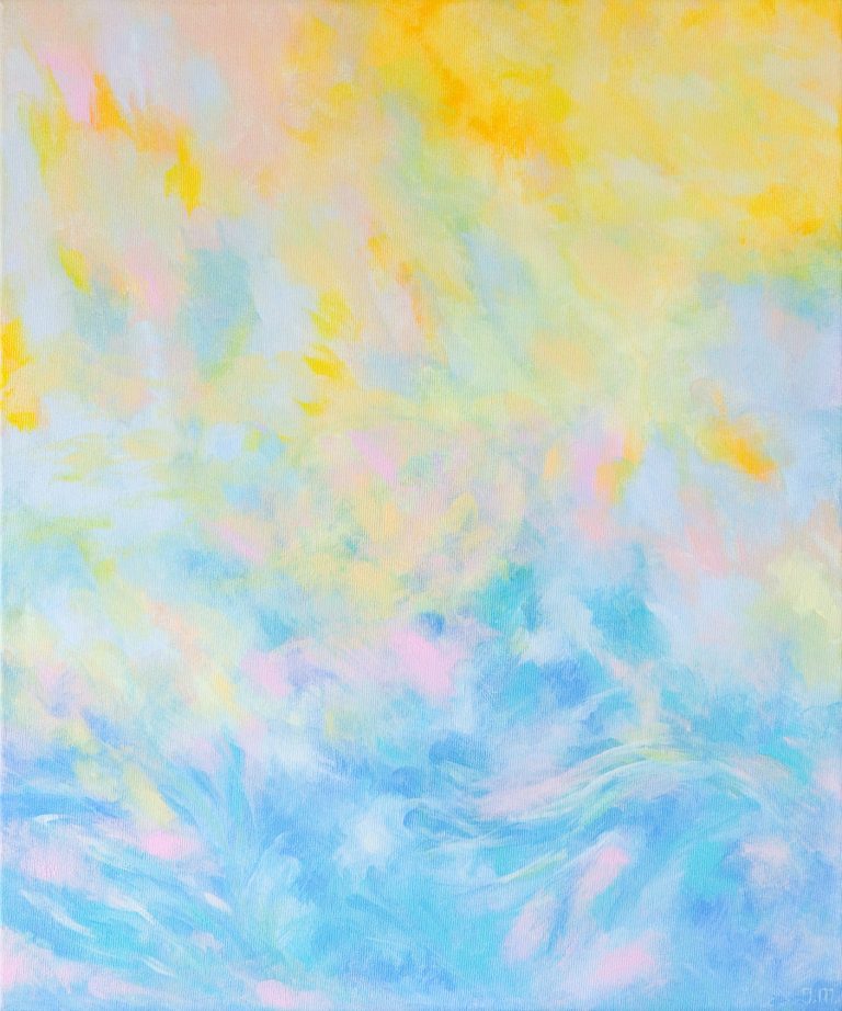 Abstract acrylic painting “Blossom”, 60×50 cm, 2022, symbolizing the birth of ideas and dreams with bright colors of inspiration.